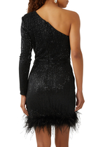 PLEATED SEQUIN MINI DRESS WITH FEATHER HEM IN BLACK:BLK:8
